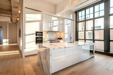 modern kitchen interior with fireplace