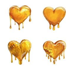 four hearts honey dripping effect on background, liquid golden viscous amber