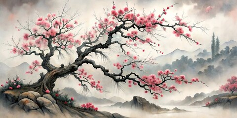 A lone, gnarled tree with delicate pink blossoms, its branches reaching out over a misty river in a serene landscape of soft grey mountains.