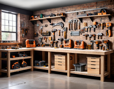 Modern carpentry studio with sleek workbenches, neatly organized power tools, and a wall of hand tools against a brick background. Generative AI