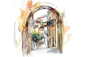 Obraz premium Arco Scoppa, 17th century arch in the historic center of Ostuni, Puglia, Italia, watercolor sketch illustration. 