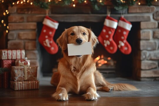 Golden retriever holding envelope by Christmas fireplace