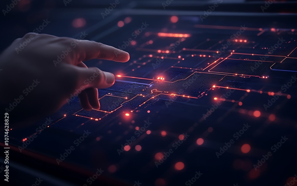 Leinwandbilder A hand gestures towards a glowing digital interface filled with bright red nodes and circuits, symbolizing technology and innovation in a futuristic setting.