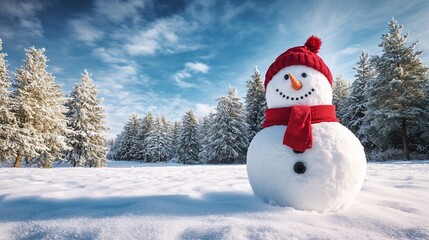 Obraz premium Snowman on the snow, s with a red scarf and hat, standing in a snowy field.