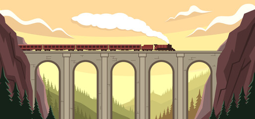 Railway bridge in mountains. Arched stone structure for passengers and cargo transportation, train crosses bridge, travel landscape with rock cliffs cartoon flat isolated nowaday vector concept