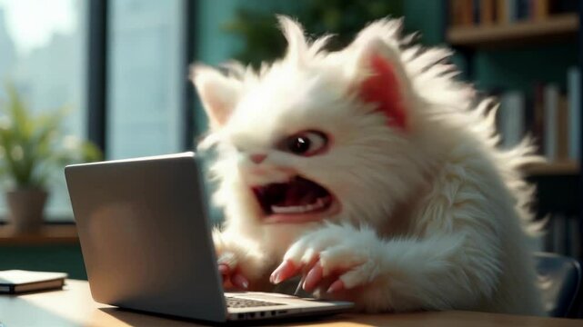 A fluffy, white, angry creature aggressively types on a laptop in a modern office, expressing frustration or stress in a humorous way. Perfect for concepts of tech rage or frustration.