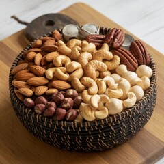A wicker basket filled with a variety of nuts, including almonds, walnuts, and hazelnuts, arranged neatly, creating a rustic and natural display.