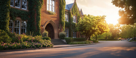 Historic Brick University Building at Sunset with Arched Entrance