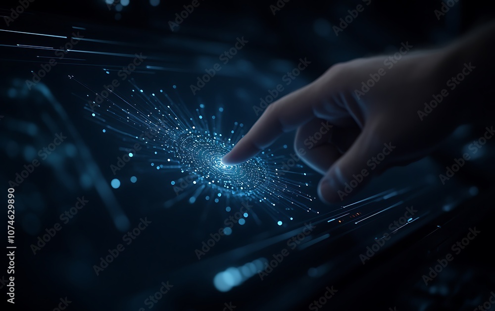 Aufkleber a hand reaches out to a glowing, intricate network of blue particles, symbolizing interaction with t