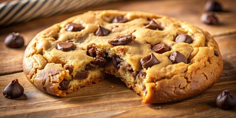 A Bite-Sized Indulgence A Chocolate Chip Cookie with a Partially Eaten Center on a Wooden Surface