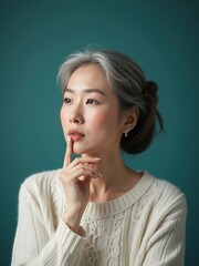 Thoughtful Woman in White Sweater Against Teal Background