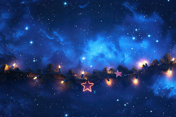 Fototapeta premium close up horizontal image of a glowing decorative christmas lights in front of a starry blue sky