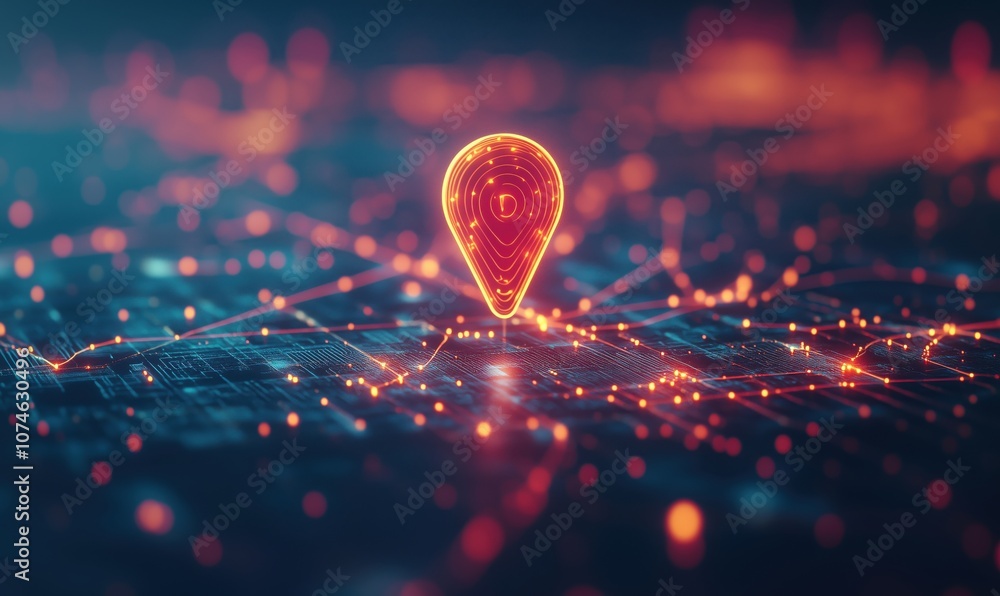 Aufkleber digital location pin glowing on network map with connections and data points