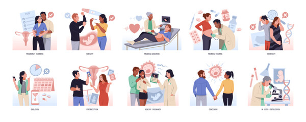 Pregnancy planning. Artificial conception in vitro, human fertilization, parents with doctors in lab, infertility treatment, gynecological consultation cartoon flat isolated tidy vector set