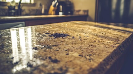 Rat droppings on kitchen counter, a reminder of the importance of cleanliness and pest control in maintaining a healthy home environment.