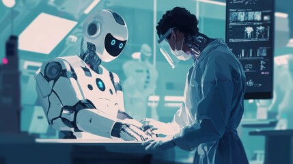 Concept of AI in healthcare, robot assisting a doctor during surgery in a sterile environment
