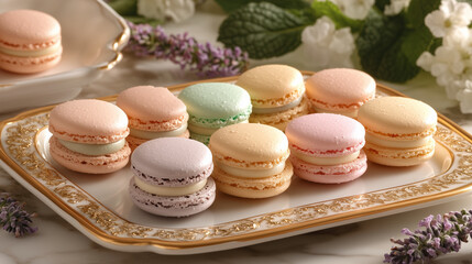 Obraz premium Présentation Élegante de Macarons Colorés sur Plateau Raffiné