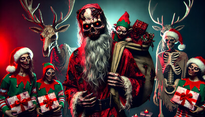 Zombie Santa Claus with Undead Elves and Skeleton Reindeer in Haunted Christmas Scene