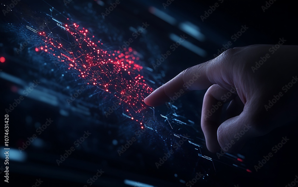 Poster A hand touches a digital surface, displaying vibrant red and blue data points, symbolizing interaction with technology and data visualization.