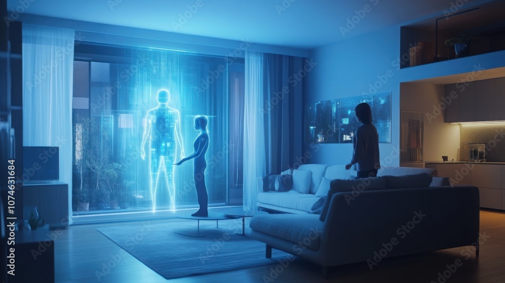 Poster person interacting with a virtual ai assistant displayed as a hologram