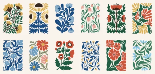 Fototapeten Gemalte Blumen Modern flowers. Decorative contemporary plants, Matisse style botanical elements, abstract shapes, trendy composition, covers or prints ornament design, daisy and tulip tidy vector isolated set  © YummyBuum