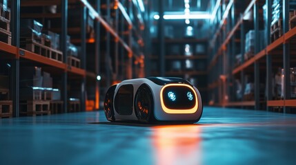 Smart robot scanning a warehouse, using AI to manage inventory and logistics