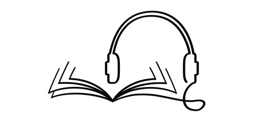 Audiobooks. Cartoon open book and pages. Education concept. Line drawing. Opened books sign. Book store logo. Flying pages. World book day. Audio book concept.