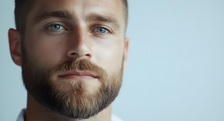Fototapeta premium A close-up portrait of a young man with blue eyes and a neatly groomed beard. His expression is calm and reflective, with a gentle focus in his eyes that conveys thoughtfulness.