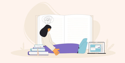 Student sitting on the floor, appearing overwhelmed and stressed, surrounded by books and a laptop, symbolizing study pressure. Vector flat illustration