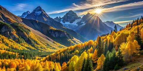 A Majestic Mountain Range Bathed in Golden Light as the Sun Breaks Through the Clouds, Casting a Dramatic Glow on the Vibrant Autumn Foliage Below