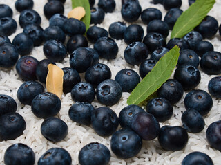 Blueberries lying on grains of rice with green leaves in between