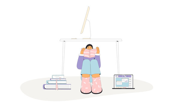 Self paced learning concept. Female student sitting under a desk, reading a book, surrounded by a stack of books and a laptop isolated on white background. Vector illustration