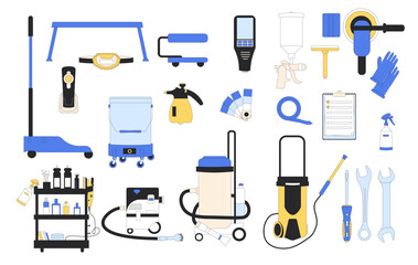 Car service equipment set. Vector flat illustration collection of isolated vehicle repair tools. Polish, vacuum wash, wrench kit dry cleaning leather repair body and interior