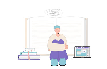 Exam failure Student sitting on the floor, appearing overwhelmed and stressed, with a large open book, stack of books, and a laptop isolated on white background. Vector outline flat illustration