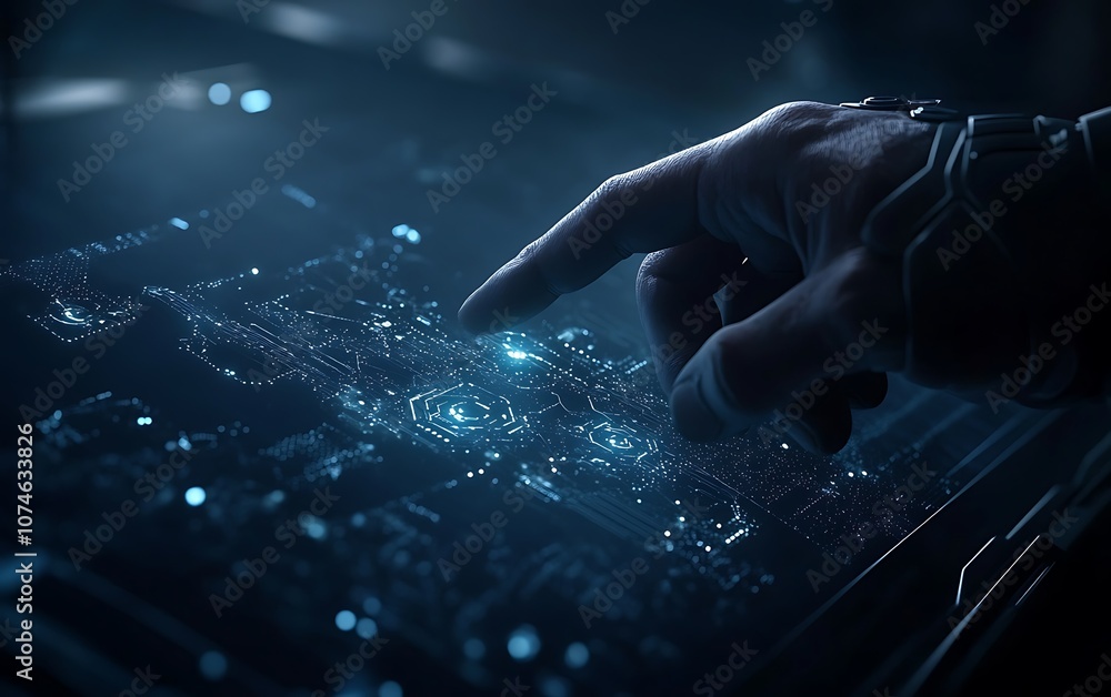 Poster A close-up of a hand hovering over a futuristic, illuminated control panel filled with intricate patterns and glowing nodes.
