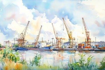 Watercolor landscape. Watercolor promenade or sea beach.
