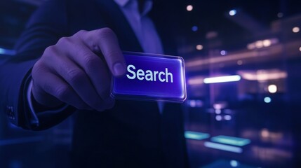 Businessman with digital panel: searching for information on the Internet