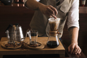 Fine art of preparing perfect cup of coffee. 