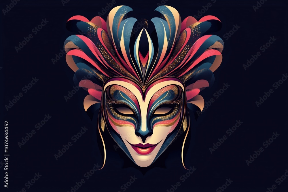 Poster colorful mask design with intricate feather patterns and elegant features