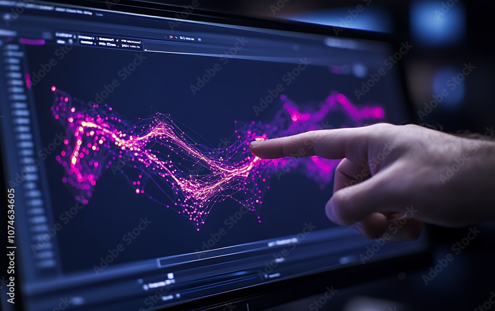 Poster A hand points at a digital screen displaying vibrant data visualizations in purple hues, illustrating an analytical process or performance metrics.