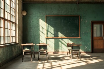 Vintage Classroom Interior with Green Chalkboard and Sunbeams