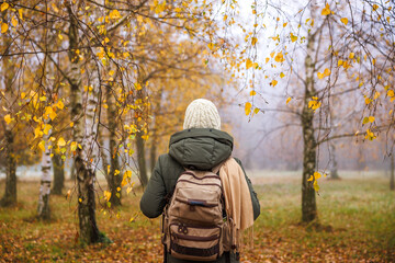 Woman with backpack walks through foggy birch forest. Hiking in autumn. Hiker wearing warm clothing...