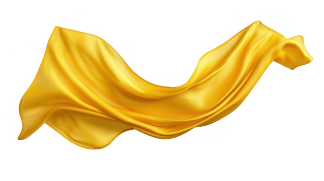 yellow satin fabric with flowing drapes isolated on transparent background