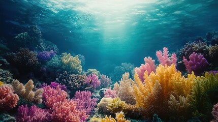 Fototapeta premium Vibrant underwater coral reef teeming with life in stunning colors and light.