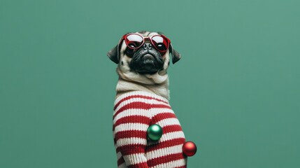 Striped sweater pug posed with holiday goggles