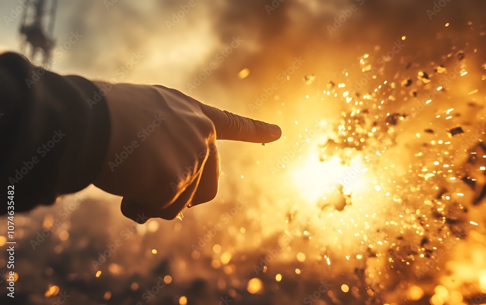 Aufkleber a hand points towards a burst of light and sparks, surrounded by smoke, creating a dramatic and inte