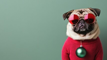 Festive pug with sweater and ornament on green