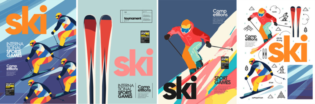 Skiing. Ski. Vector sport illustration of skier, alpine skis, ski race, equipment, snow mountain for poster, background, cover or flyer - Powered by Adobe