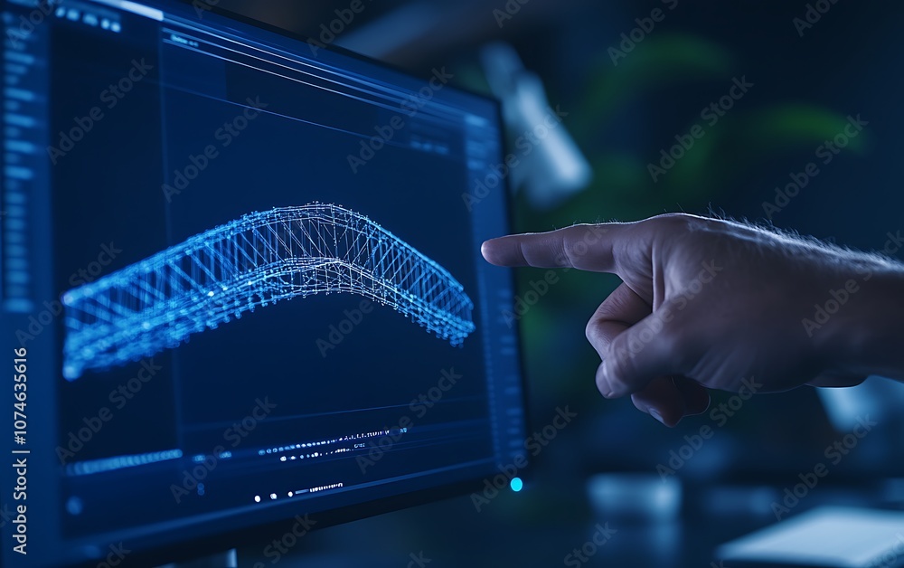 Leinwandbilder A hand points at a screen displaying a digital 3D model, showcasing a wireframe structure in a dark, tech-inspired environment.