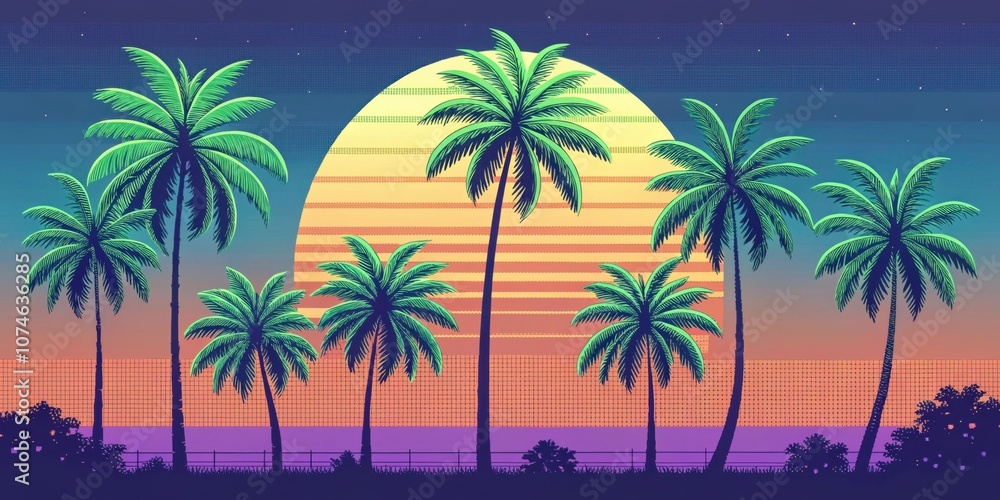 Poster synthwave escape stylized pixel palm trees with a glowing lime green and radiant violet shimmer stan